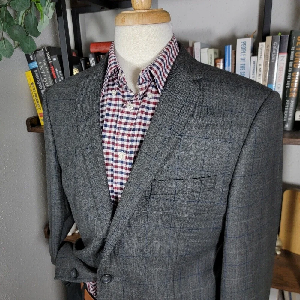 Pronto Uomo Platinum Men's Sport Coat Two Button Gray Plaid Herringbone Size 42R